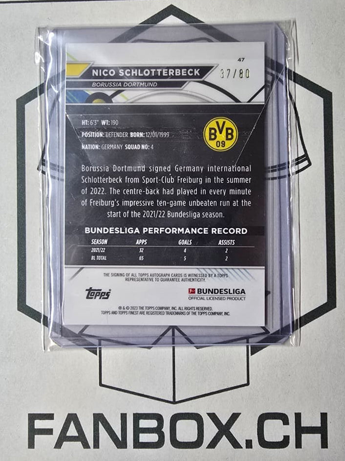 Topps Finest Bundesliga 22-23 Borussia Dortmund Nico Schlotterbeck Autograph /80